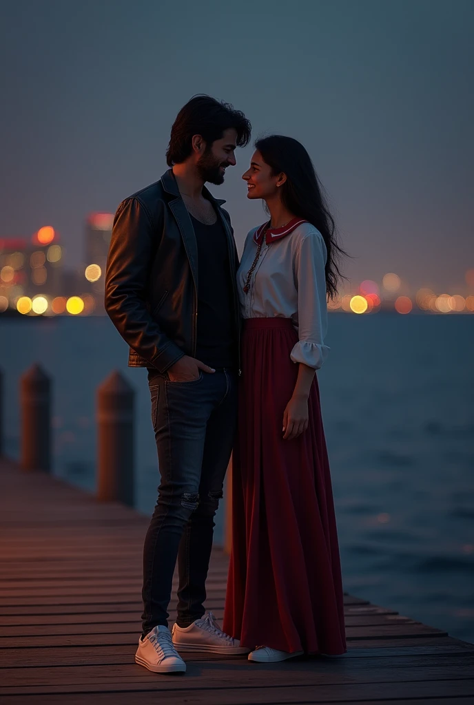 a handsome indian man with shoulder length hair, wearing a black tank top, leather jacket, long tight jeans and sneakers, standing on a wooden
pier at night, with a beautiful woman with long black hair, wearing a long shirt dress with Peterpan Collar style neckline, long maroon mullet skirt, sneakers, with a beautiful view at night, calm sea water and from a distance the sparkling city lights at night, realistic, cinematic, photographic, Smilling at camera