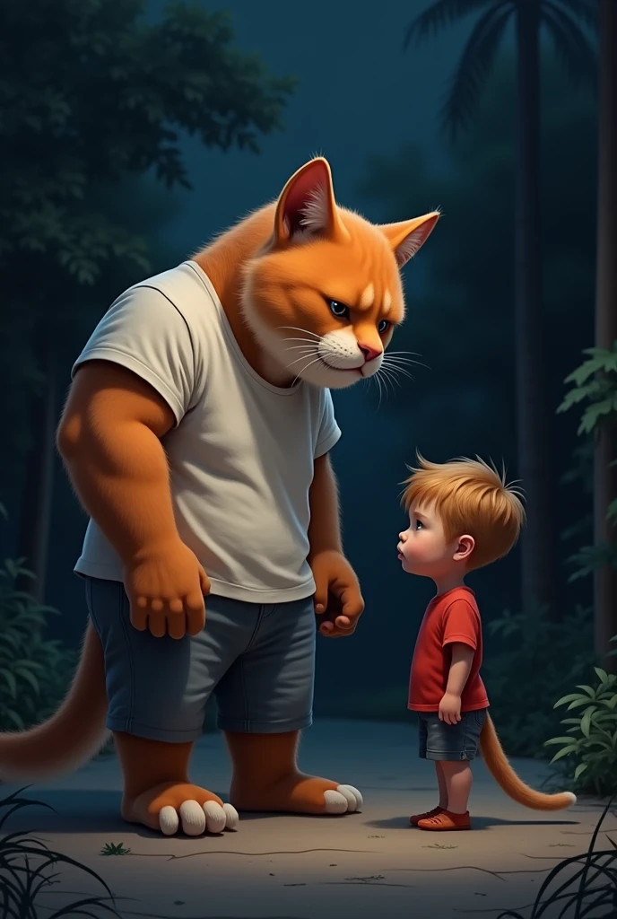 Ek ginger muscular cat jisne white shirt and pent pehni h or wo ek chote child jisne red t-shirts nikkar pehna h se bat krte huye seen night ka h dono amne samne bethe chote child ke face par udasi h
