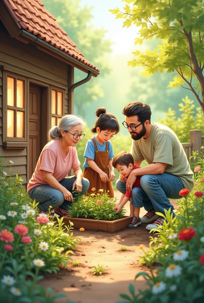 A watercolor scene of a multi-generational family planting flowers in a small garden just outside their home, symbolizing teamwork and care. Earthy tones of green, brown, and floral pastels dominate. The background shows the house with windows glowing softly, creating a serene, nurturing atmosphere. Created Using: watercolor blending techniques, harmonious color use, sunlight interplay, soft shadows, detailed family interactions, brush strokes emphasizing connection, hd quality, natural look --ar 16:10 --v 6.0