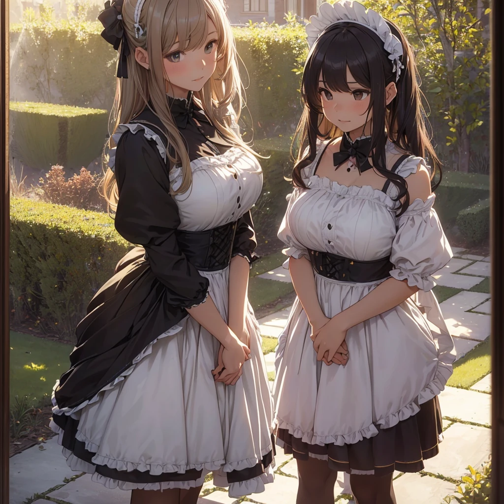 masterpieces,best quality,(ultra_detailed),3D,(realistic:1.9),(photorealistic:1.9),(light falloff at edges:1.9),shallow depth of field,sensual girl,in garden,at morning,western‐style house in the background,plump,(brown _pantyhose,)wavy long hair,built bangs,drooping eyes,wide-set eyes,lovely round eyes,looking away,round face, (maid costume),