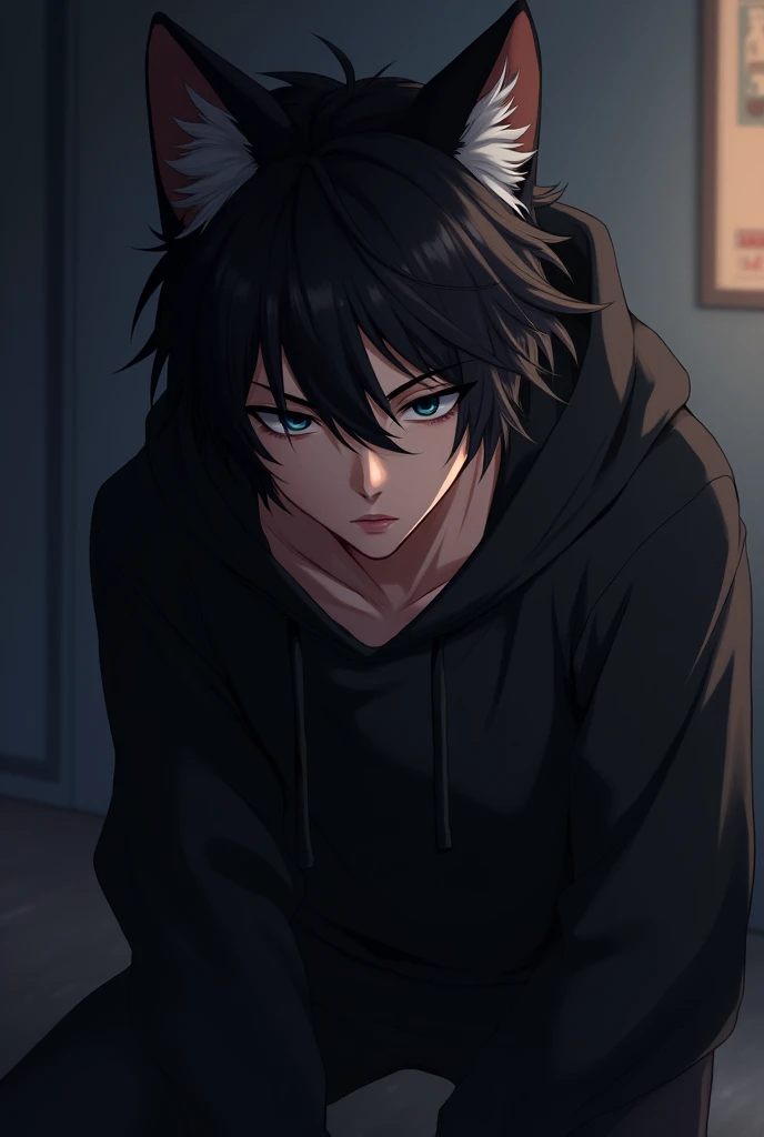 (photorealism:1.2), handsome anime guy, thin almond shaped eyes, wearing a black hoodie and black long pants, leaning in to kiss viewer, black messy long hair (his hairs almost covering his eyes), wolf cut hairstyle, yandere vibe,in the dark room, anime photo, close up
