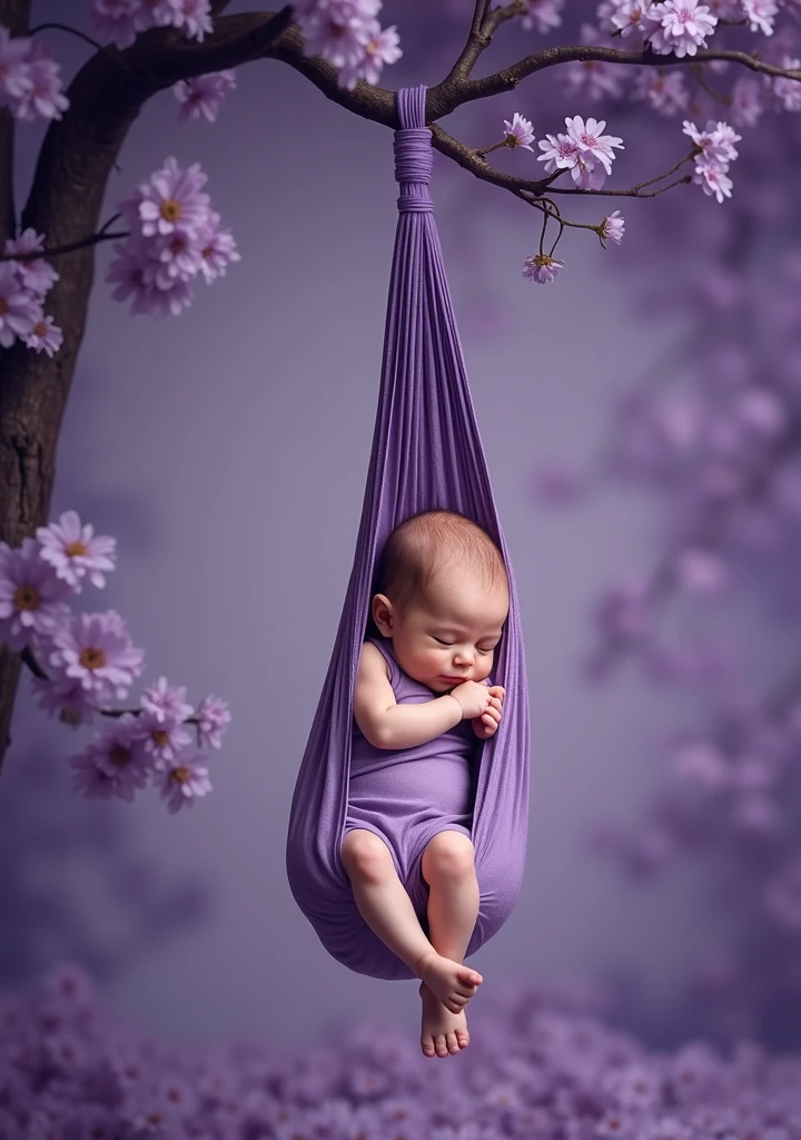 a close up of a baby sleeping in a purple hammock hanging from a tree branch, a photo inspired by Anne Geddes, shutterstock contest winner, conceptual art, draped in purple, violet colored theme, hanging upside down, purple color-theme, hanging from a tree, purple themed, hanging upside down from a tree, violet theme, maternal photography 4 k