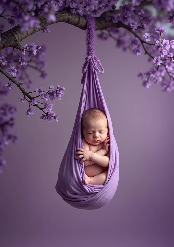 a close up of a baby sleeping in a purple hammock hanging from a tree branch, a photo inspired by Anne Geddes, shutterstock contest winner, conceptual art, draped in purple, violet colored theme, hanging upside down, purple color-theme, hanging from a tree, purple themed, hanging upside down from a tree, violet theme, maternal photography 4 k
