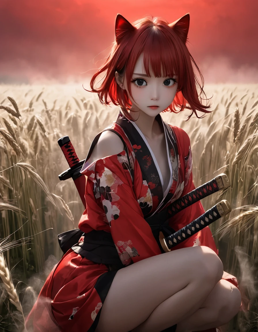A woman wearing a bright scarlet silk warrior costume。Crouching on the Lantern。Short messy red hair。forehead。Cat ear。 White wheat field。A world of thick fog,。Half-length photo。black eyes。Clothes flutter in the wind。Serious expression。Katana on the back。Fashion pose。Many small lanterns are floating。Solitary。new tokyo。Japan。Red sky。Chiaroscuro,