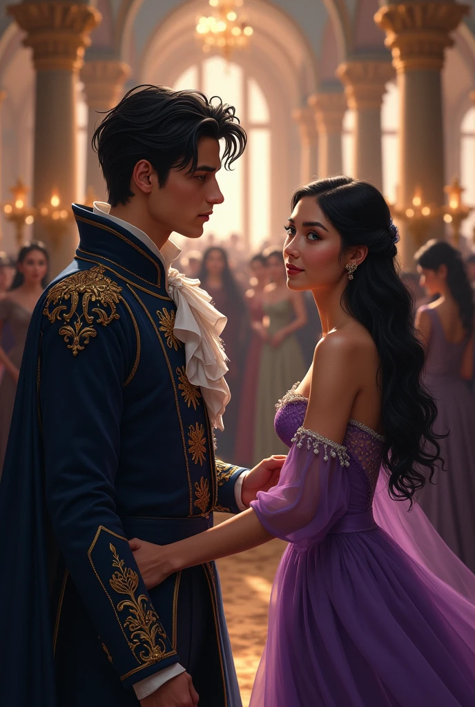 a handsome young man in his twenties at a ball in the Middle Ages. he is a prince. he has black hair and lovely sharp features, his eyes are ice blue. At the ball he saw a beautiful young woman his age, she was wearing a dark purple dress the color of amethyst. He has long black hair and green eyes. the man is secretly watching her, but she doesn't notice him.