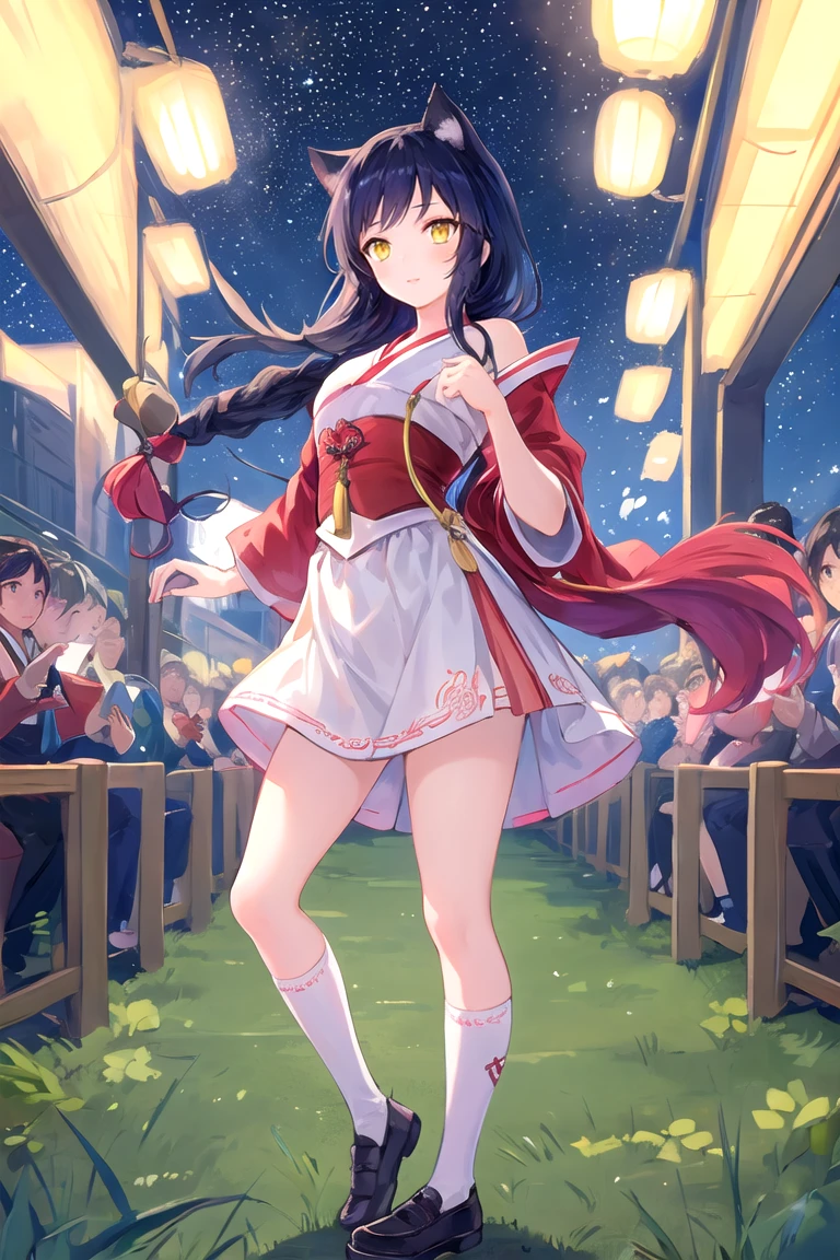 (Masterpiece, best quality: 1.3)
IncrsAhri, 1girl, solo, long hair, standing, hanbok, skirt, white knee socks, shoes, starry sky, night, bare shoulders, looking at the audience,braid