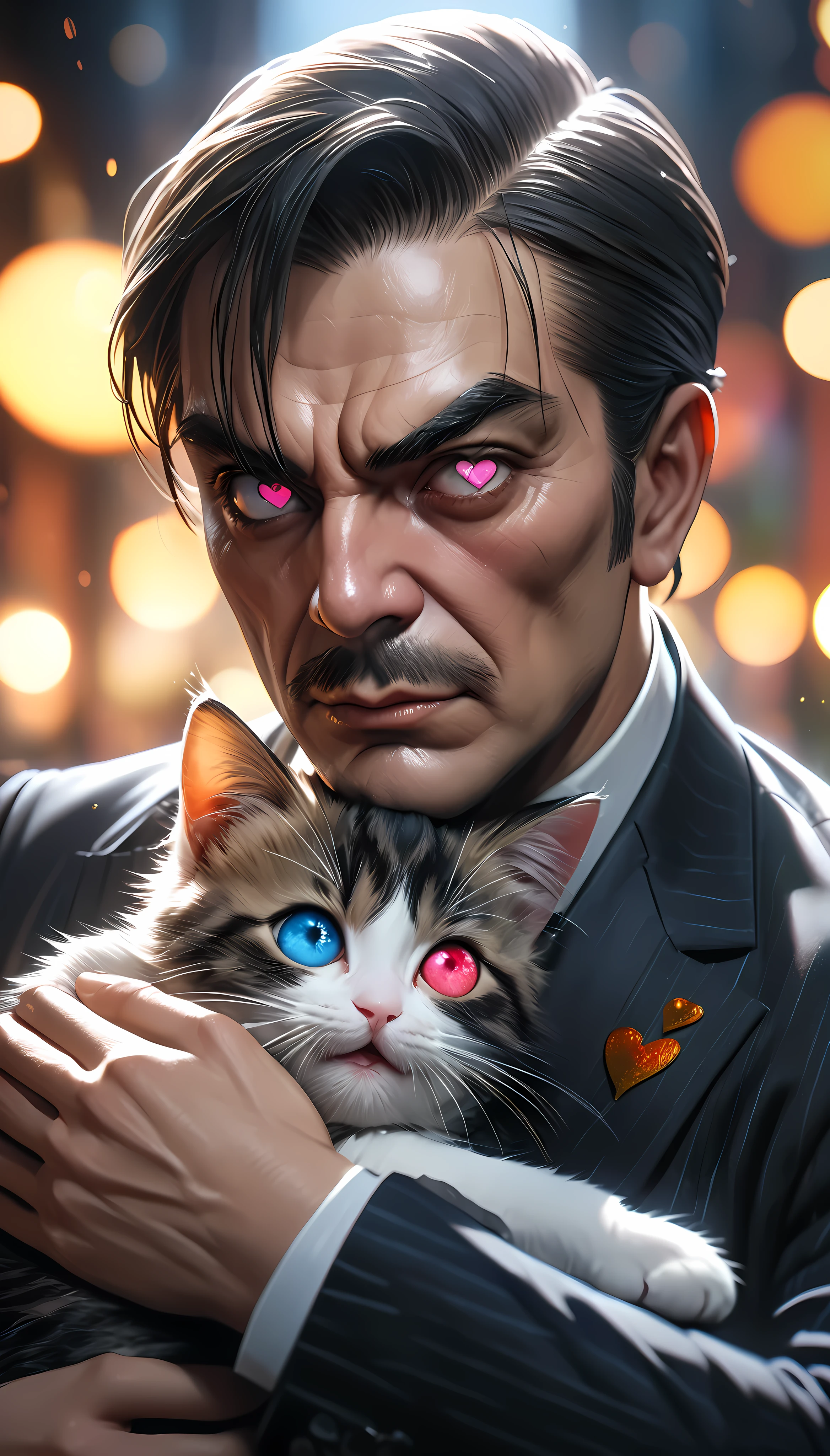 a stern, imposing mafia boss with a terrifying face, cuddling a kitten, melting away his hardened exterior, (heart-shaped eyes:1.5), gentle smile, cute lips, boyish charm, 4k, 8k, highres, masterpiece:1.2, ultra-detailed, realistic, photorealistic, photo-realistic:1.37, HDR, UHD, studio lighting, ultra-fine painting, sharp focus, physically-based rendering, extreme detail description, professional, vivid colors, bokeh, dark, moody, dramatic lighting, cinematic