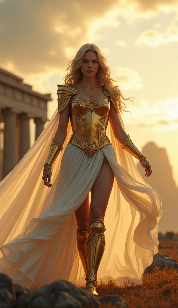 (masterpiece), (Highest quality), Photorealistic, Raw photo, Realistic, Cinematic Light, Beautiful Aries goddess in golden armor, White Cape, stand, Battlefield Background, Perfect body, Greek Temple , Under Aries 