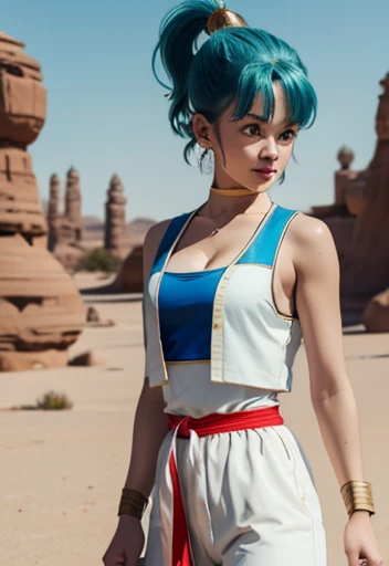 1girl, masterpiece, best_quality:0.5, highres, 4K image, (incredible_details:0.7), absurdes, ((cowboy_angle_shot:0.4)), sharpen image, bulma, 1girl, solo, blue eyes, blue hair, aqua hair, bangs, hair, high ponytail, earrings, arabian clothes, white shirt, blue vest, white pants, baggy pants, red sash, bare shoulders, sleeveless, (deep cleavage), yellow choker, wristband, neck ring, perfect , perfect body, shining skin, warm sunnyday, outdoors, desert scenery