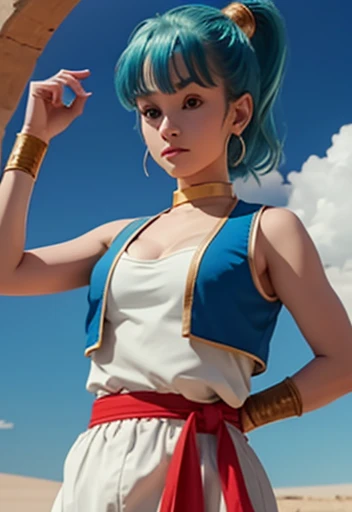 1girl, masterpiece, best_quality:0.5, highres, 4K image, (incredible_details:0.7), absurdes, ((cowboy_angle_shot:0.4)), sharpen image, bulma, 1girl, solo, blue eyes, blue hair, aqua hair, bangs, hair, high ponytail, earrings, arabian clothes, white shirt, blue vest, white pants, baggy pants, red sash, bare shoulders, sleeveless, (deep cleavage), yellow choker, wristband, neck ring, perfect , perfect body, shining skin, warm sunnyday, outdoors, desert scenery