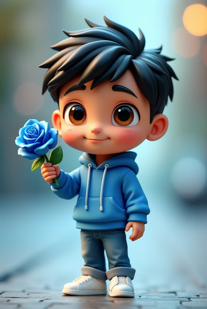 ​masterpiece、top-quality、ultra-detailliert、(Chibi, male, 29 yrs old, asian brown skin tone, black hair, brown eyes, holding a blue rose, reaching forward, A smile,Full-body standing figure,Glitter, wearing a blue hoodie, and jeans,Pixar style super cute, standing, charming big eyes, surreal, super fine, super detailed, illusory engine, 8k, Smile face. Blind box figures.