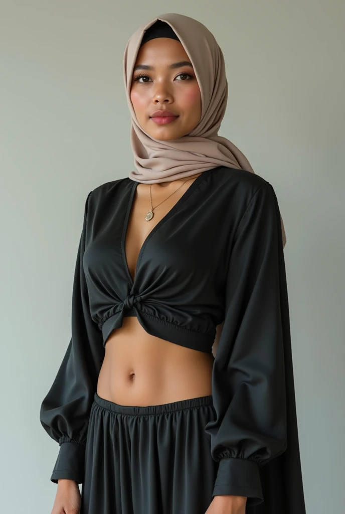 Picture of a javanese hijabi. Fit face. 2, Sharp chin, photography, raw photo, masterpiece, extremely detailed photo, DSLR, photorealistic 1.4, ultra hi res, best quality, pink lips, perfect makeup, full body picture, tall, toned, busty, abs, cleavage, big boobs, front view, open jijabi