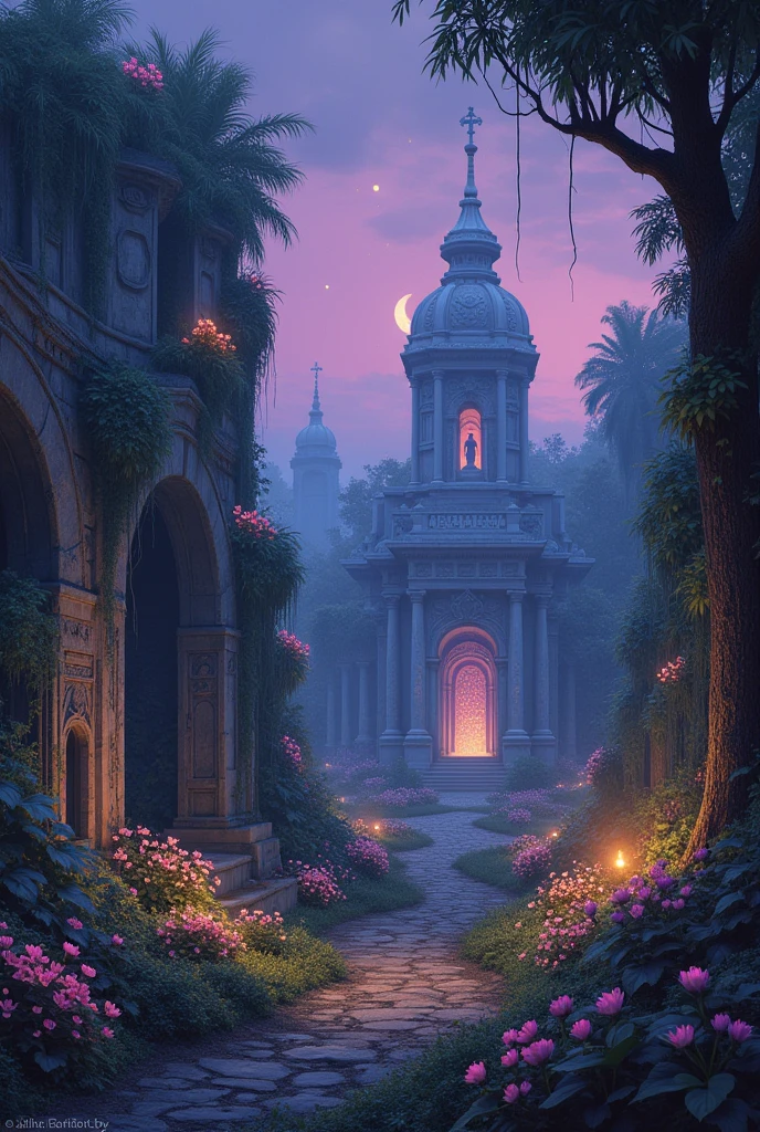 Depict a mystical garden where forgotten gods and ancient deities reside. The garden is overgrown with vines and strange, luminescent flowers, with statues and altars dedicated to these long-lost beings hidden among the foliage. Each god is a unique figure, representing elements of nature, ancient civilizations, or abstract concepts, now fading into obscurity. The sky above is a twilight purple, with stars slowly dimming, symbolizing the fading memories of these once-powerful entities. The overall atmosphere is one of reverence and melancholy, as the garden stands as a sanctuary for these forgotten divinities.