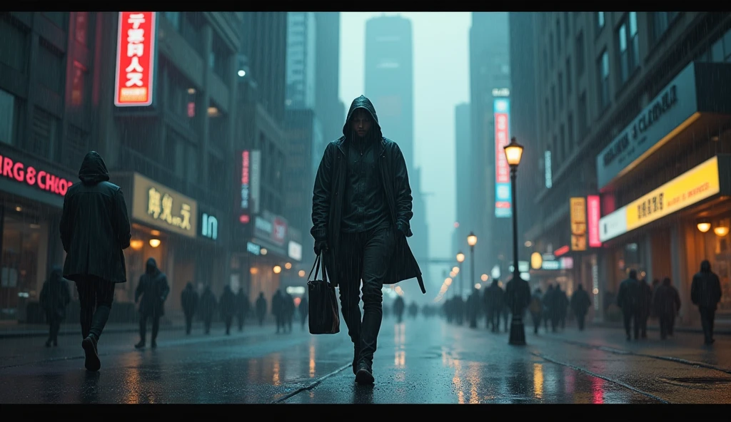 (best quality, masterpiece, ultra detailed), place: City footage: The main character is walking in the rain。Without an umbrella、Despite the rain, I move forward。