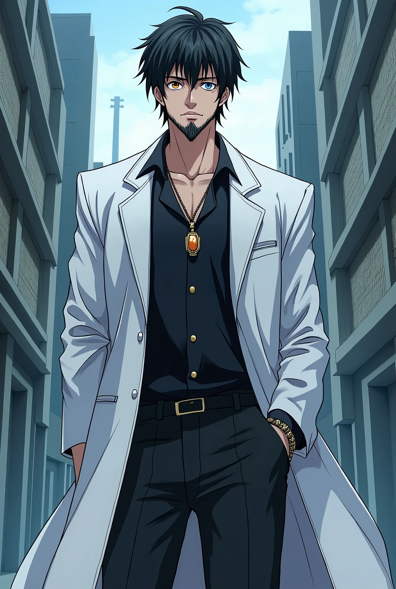 Manhwa character, kurama, 1,86cm height, your appearance: dark haired, he seems to be sung woo, has a thin beard, one of his eyes is orange-yellow and the other is blue Personality: cold and calculist, important as a mountain Clothes: chemise, black pants and sneakers and wears a white doctor&#39;s coat with a necklace that has a precious stone.