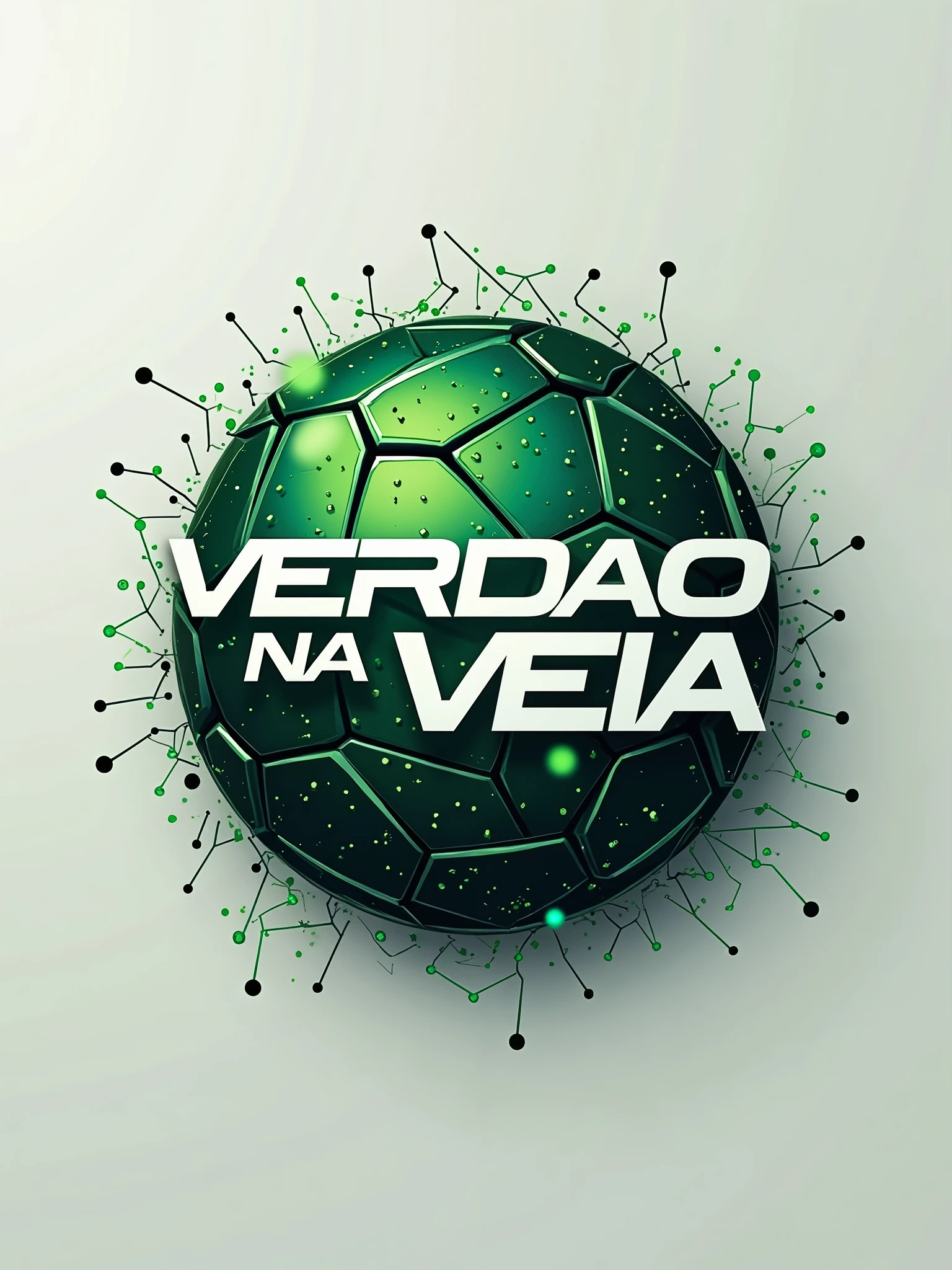 Create a sleek and modern logo for "Verdao na veia ," dedicated to AI-generated soccer. The design should blend elements of technology and art. Use a clean, futuristic font for the name "Verdao na veia" and incorporate abstract, geometric shapes or neural network motifs to represent AI. The color palette should be vibrant and digital, with shades of green , white, and silver to evoke a sense of innovation and creativity. The overall look should be eye-catching, professional, and convey the cutting-edge nature of AI in art