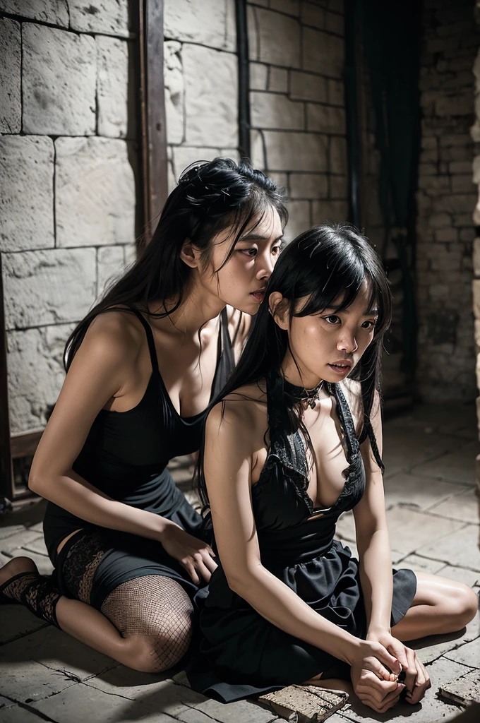2 thai woman(beautiful and big breast)(tangled hair,sad face and thin body)wearing a worn black singlet dress,sitting on the floor,both hands,right and left,chained and feet tied with big iron chains in a narrow room with stone walls and there is a small window with an iron grille behind it and a grille in front iron.ultra realistic image,super clear and HD qualited