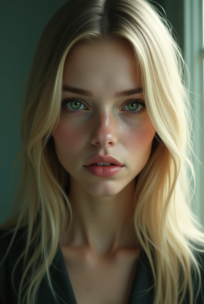 Beautiful woman with straight blonde hair and green eyes