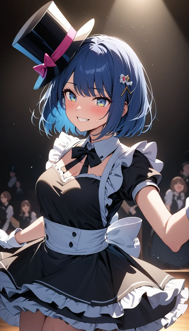 ((best quality)), ((masterpiece)), (detailed), perfect detailed eyes, perfect detailed face, blue hair, bob cut, hairpin, maid, maid costume, Tap dancing on a theater stage, in the spotlight, (Wear a top hat and white gloves), Shining sweat, smiling face