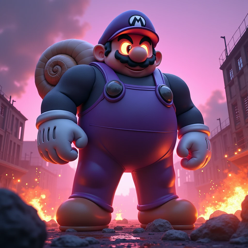 high quality，4K，HD，explode，Fires Everywhere，Smoky，3d，3d rendering，pixar，Giant，Dark Mario，超巨大的Dark Mario戴着紫色帽子和紫色背带裤，Round and cute figure and face，Eyes glow，Smile，White gloves，背着Snail壳，Black beard，end ，Pink-purple tones，Purple sky，，Snail，Dilapidated，Pink flame，Dark，