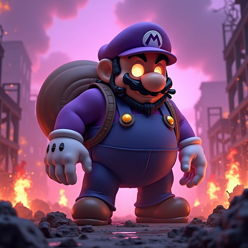 high quality,4K,HD,explode,Fires Everywhere,Smoky,3d,3d rendering,pixar,Giant,Dark Mario,超巨大的Dark Mario戴着紫色帽子和紫色背带裤,Round and cute figure and face,Eyes glow,Smile,White gloves,背着Snail壳,Black beard,end ,Pink-purple tones,Purple sky,,Snail,Dilapidated,Pink flame,Dark,