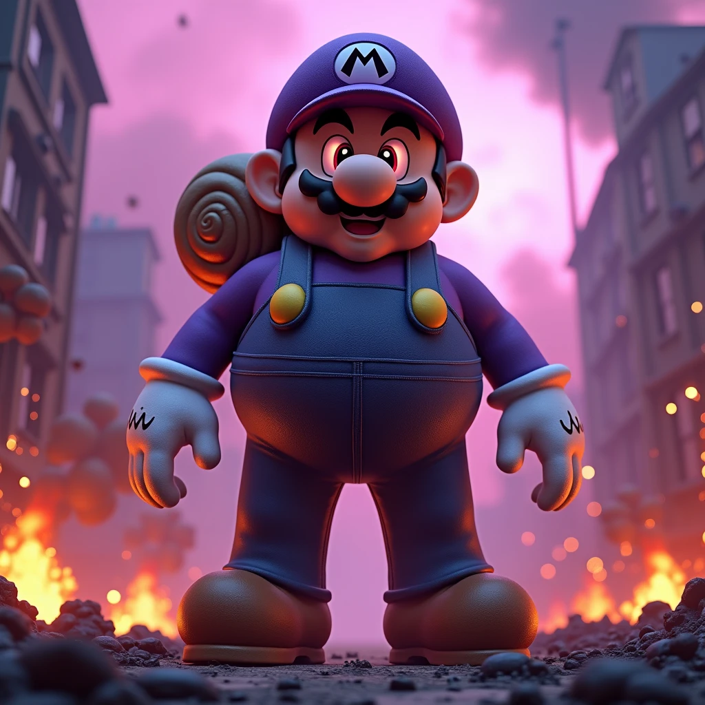 high quality,4K,HD,explode,Fires Everywhere,Smoky,3d,3d rendering,pixar,Giant,Dark Mario,超巨大的Dark Mario戴着紫色帽子和紫色背带裤,Round and cute figure and face,Eyes glow,Smile,White gloves,背着Snail壳,Black beard,end ,Pink-purple tones,Purple sky,,Snail,Dilapidated,Pink flame,Dark,