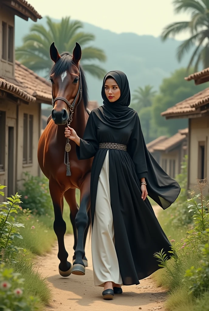 A beautiful muslim women wore black and white dress and wore black hijab 
Women is walking with horse in the village out side to the beautiful home 