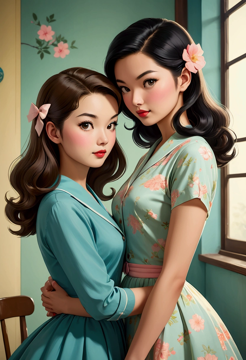 Two beautiful women in love, both dressed in a 50s style in a tender attitude towards each other, Sarah Kay style, one British, with semi-short light brown hair, and the other woman with delicate Asian features, with long black hair.