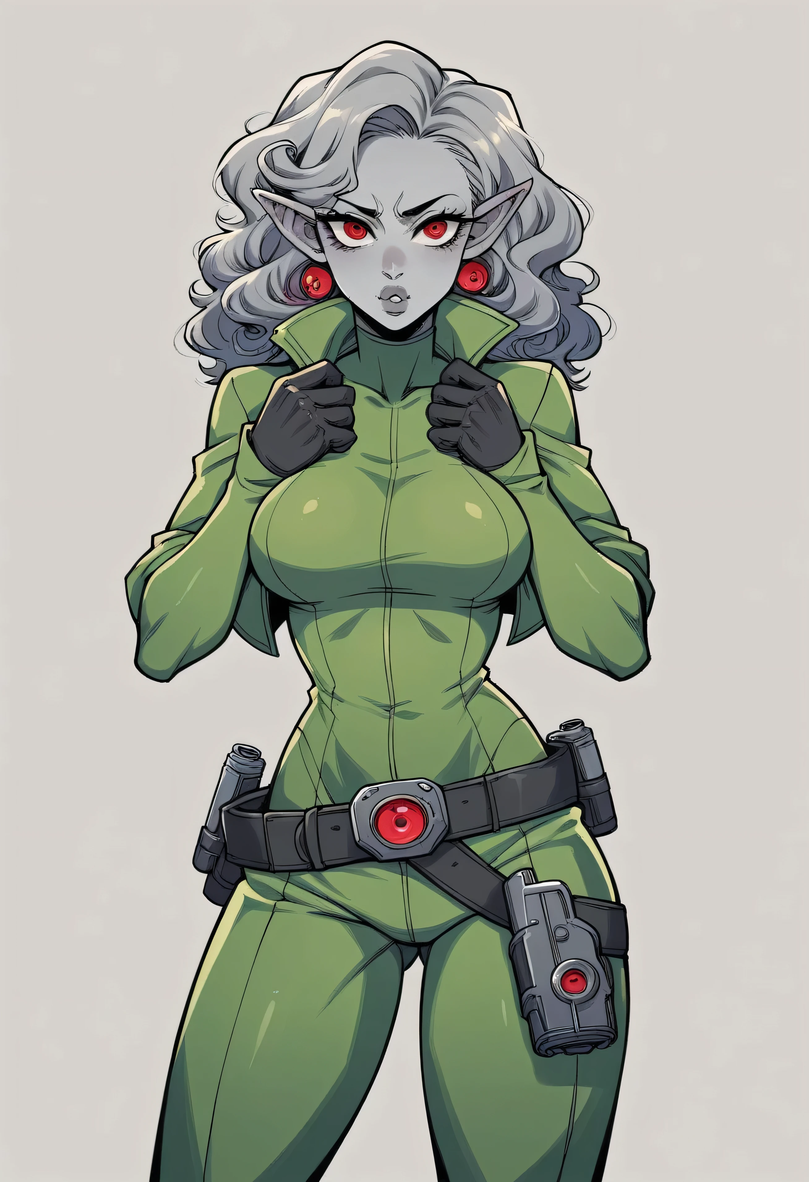 {4k image}, 1 Beautiful female humanoids, gray skin, pointed ear, curly gray hair, red eyes, athletic build, black and green tight-fitting jumpsuit(high-tech) , wide lips, sirious face,manga lineart (with colors),{centered image}, high-tech gun,belt around the waist