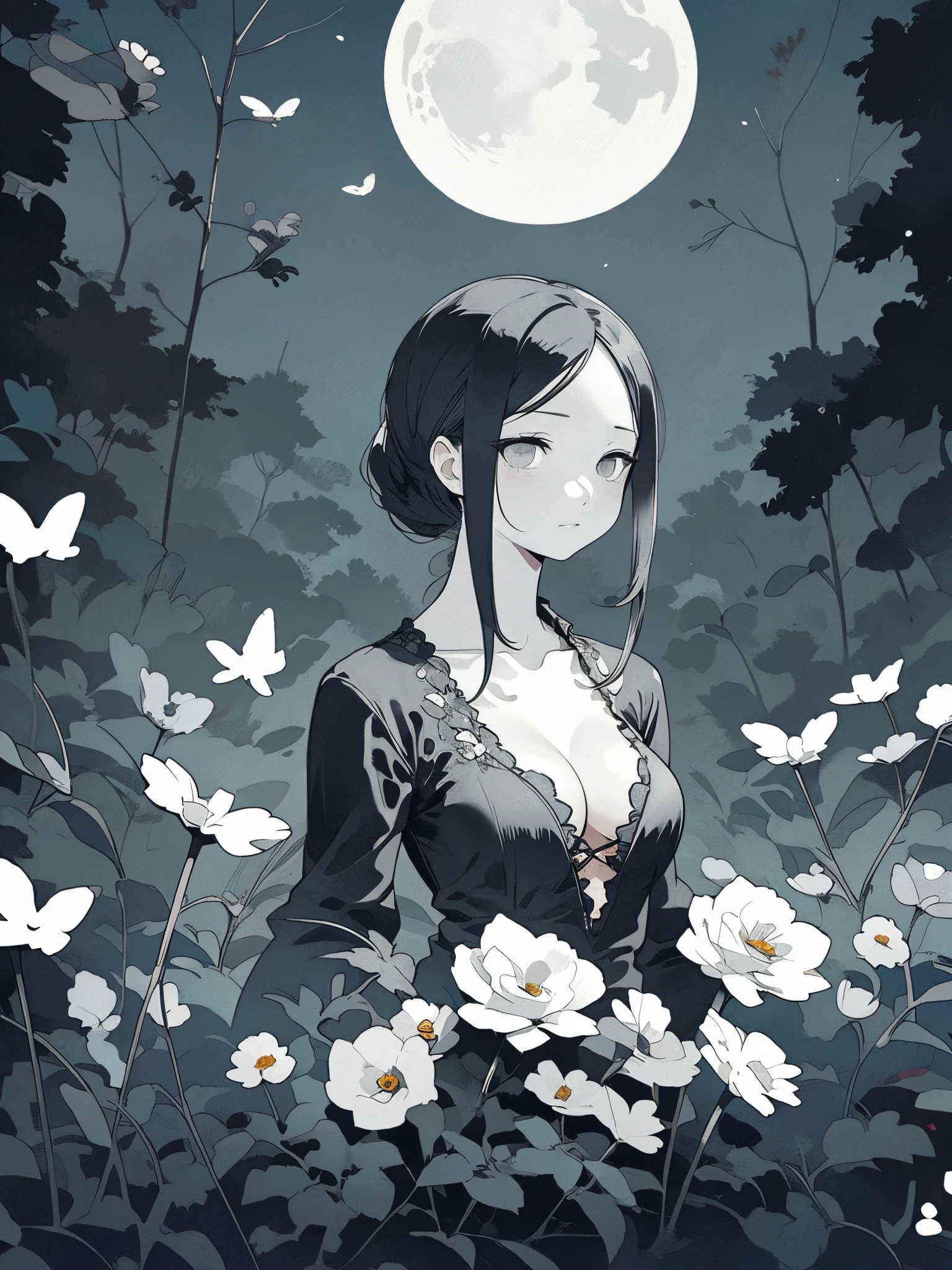 Highest quality、Creepyなイラスト、Very detailed、Colorful and vivid flower garden、Monochrome detailed woman standing、Beautiful woman、Beautiful cleavage、Expressionless、Creepy、wonder