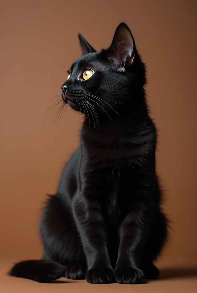 a beautiful black cat, slightly kitten, he is sitting sideways, isolated on a brown background
