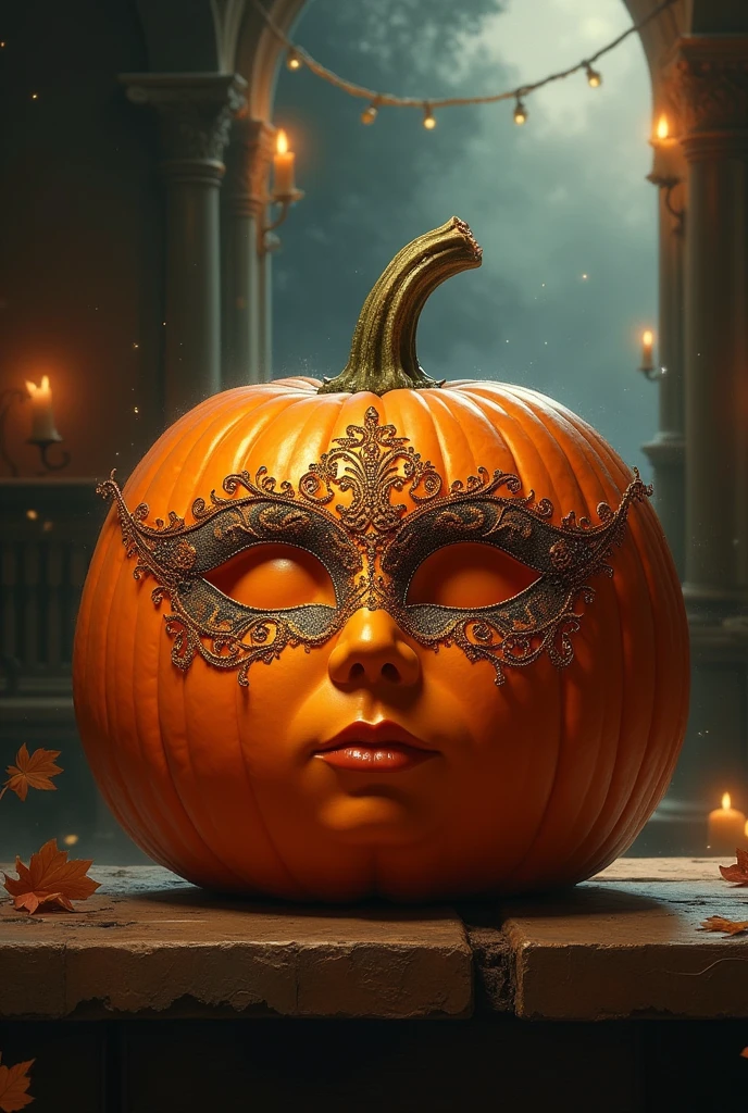 A pumpkin wearing a Venetian mask
