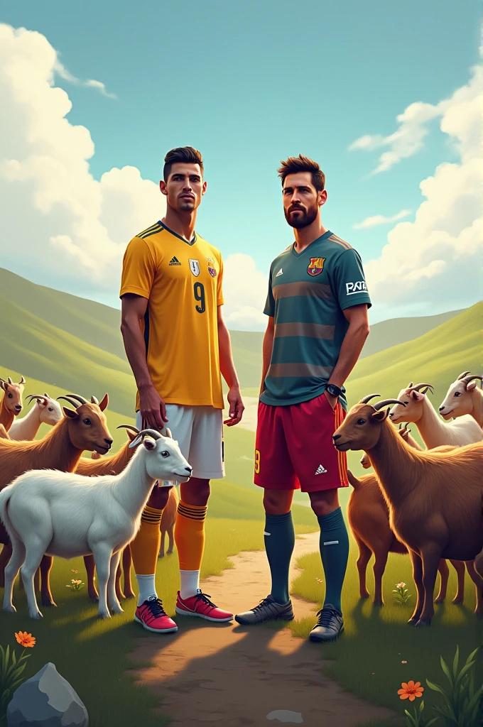 Cristiano Ronaldo and Lionel Messi surrounded by goats