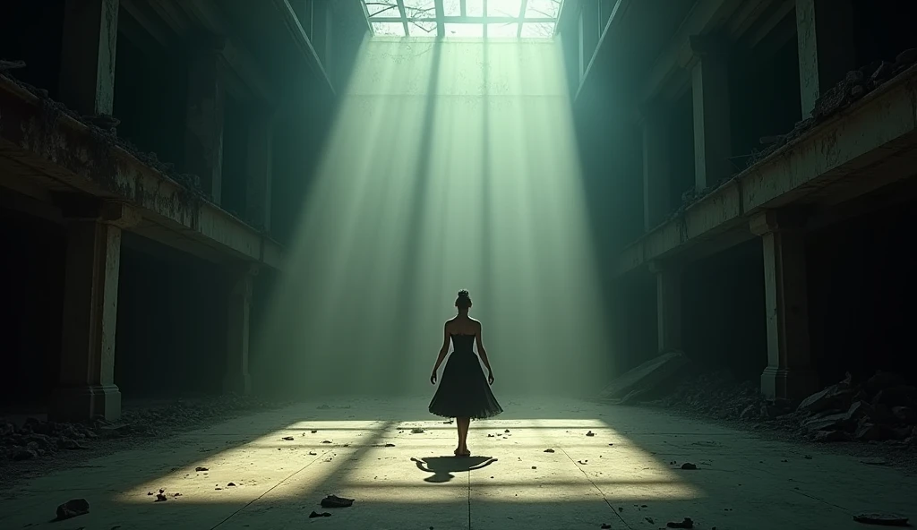 (best quality, masterpiece, ultra detailed), place: Theater footage of the ruins: The protagonist stands on the stage of the theater、Solo dancing scene。The contrast between light and shadow is enhanced、The sense of desolation inside the theater is reflected。The camera captures the entire stage and the main character's dance.。