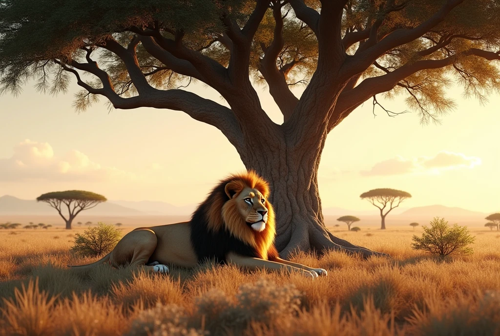 Create a captivating, hyper-realistic, AI-generated artwork of a lion with an enormous mane resting at the base of a majestic tree in the African savanna. The lion should be depicted in a serene and regal pose, showcasing its impressive mane and relaxed posture. Capture the detailed texture of the lion's fur and the grandeur of its mane, with its body comfortably sprawled and its head resting on its paws.

The scene should include the towering, majestic tree with a broad canopy, providing shade for the resting lion. Reflect the African landscape with expansive grasslands, scattered bushes, and perhaps a few distant acacia trees. Emphasize the texture of the savanna, including the tall grasses and the warm, earthy tones of the environment.

The lighting should be soft and natural, conveying the warmth of the African sun filtering through the tree's canopy and highlighting the lion’s features and mane.

The style should be hyper-realistic yet artistic, focusing on the lion's peaceful presence and the grandeur of the tree and its natural habitat. The final artwork should be high-resolution and visually striking, capturing the calm and majestic nature of the lion in its serene setting.