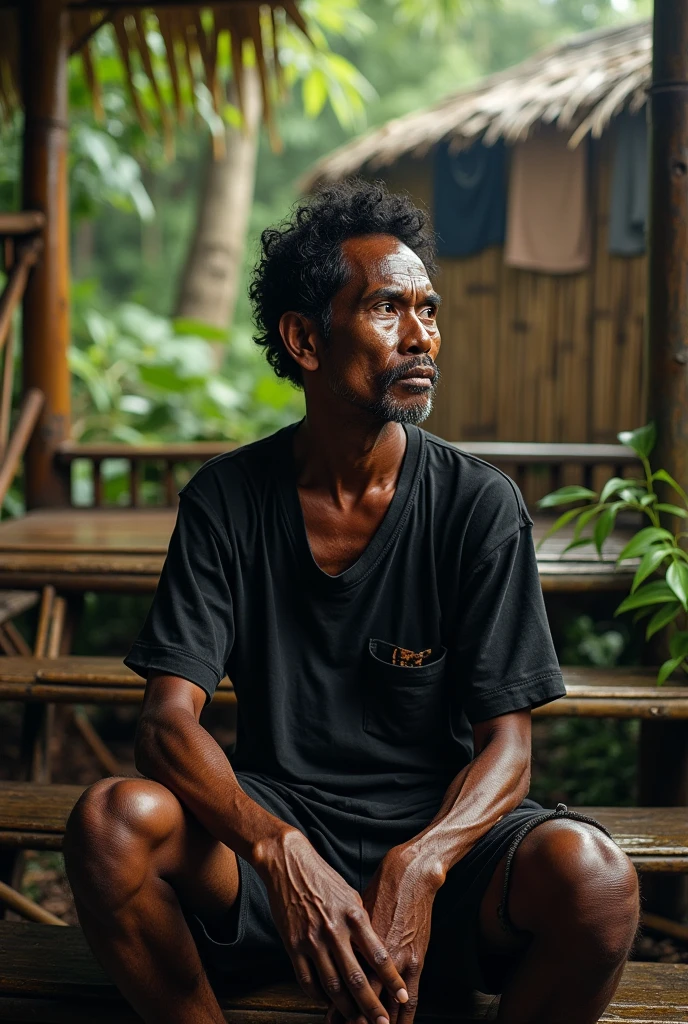 Photorealism 1.4 realistic realism high detailed definition Malaysian orang asli man native aborigines wearing black tears shirt short sitting on stairs withe her bamboo floor bamboo hut leaf roof at the jungle clothes hanging at back dark skin curls short hair waving bamboo wall on ground wet ground after rain morning mode