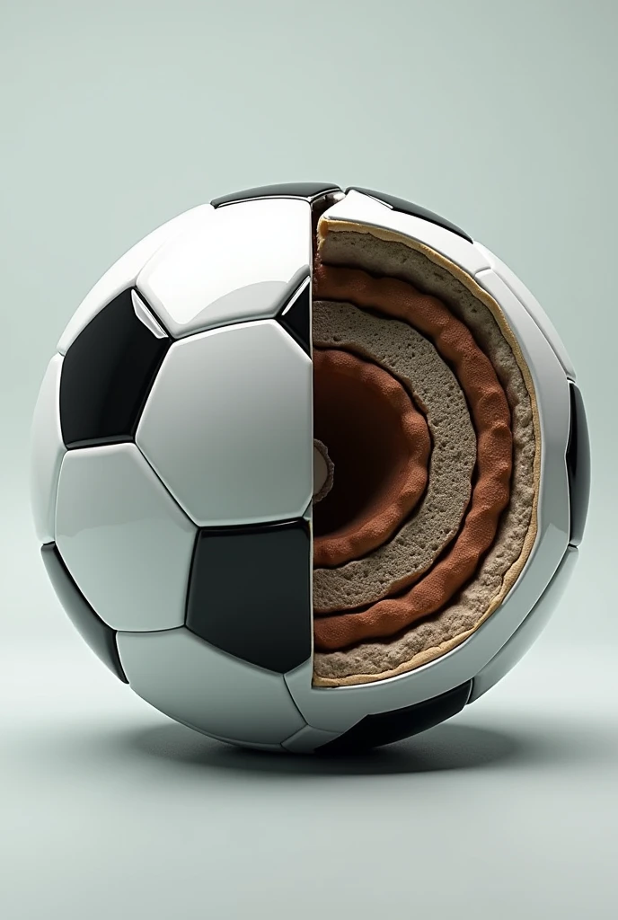 uma bola de futebol, that the upper half is normal, but the bottom half is showing the balls full of layers.