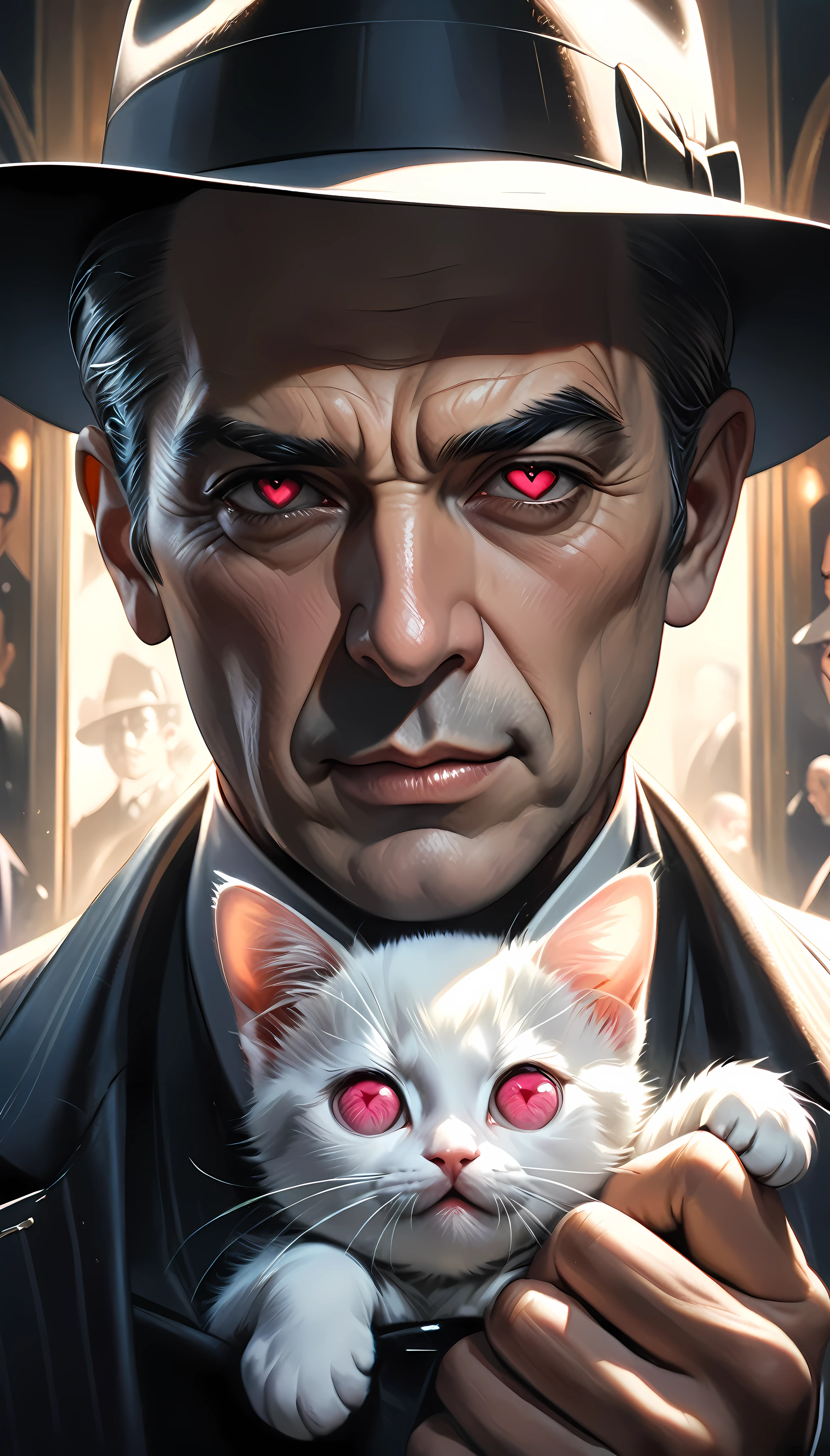 a stern looking mafia boss with a terrifying face, holding a cute kitten, (heart-shaped eyes:1.5, gentle smile, adorable lips, like a young boy), dark and gloomy atmosphere, cinematic lighting, dramatic shadows, highly detailed, 8k, masterpiece, hyper realistic, oil painting