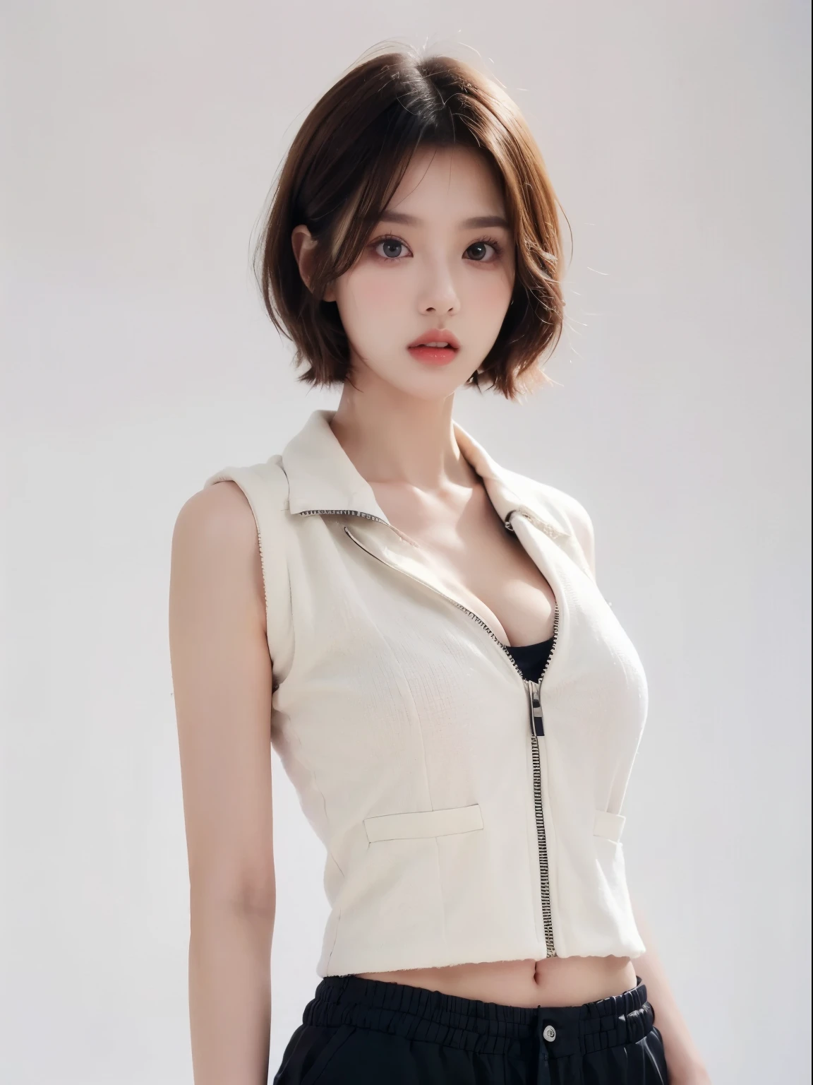 Slender woman, red glossy lips,(beautiful face), (best quality), (very detailed), (very detailed CG 통합 8k 벽지),(Zippered vest), (standing), (pure white background),(split),(big eyes),(Average light source),(beautiful breasts),model pose,The waist of a small man,(black hair),(Short hair),(shorts),