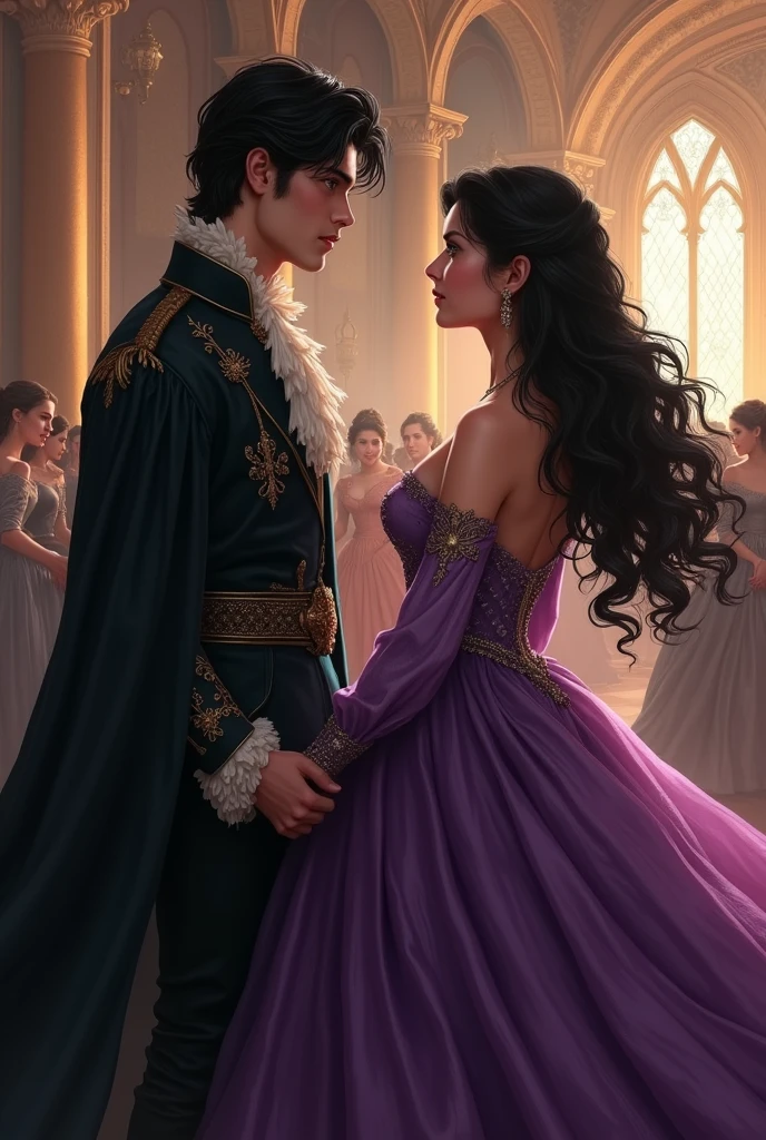 Lily Collins, who has curly black hair, wears a medieval dress. the Neels Visser wears a medieval military outfit and has blonde hair. The couple is waltzing in the ballroom. The illustration is like a book cover with a detailed, bright, illuminated, ultra detailed background, concept art, elegant, art by Greg Rutkowski