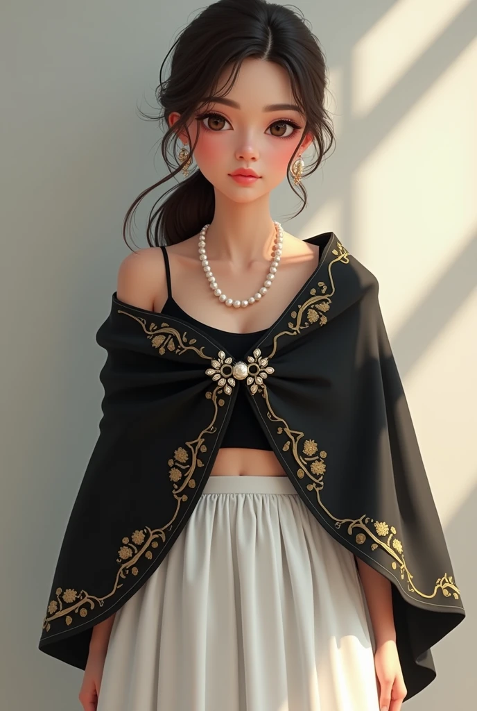 girl, wears filipino clothing, white skirt, BLACK shawl or scarf worn over both the shoulders(not too long, elbow level ) has design, has pin in the middle(connecting the scarf or shawl, with black sleeveless top inside, not sexy, filipiñana alampay, aesthetic, pearl necklace