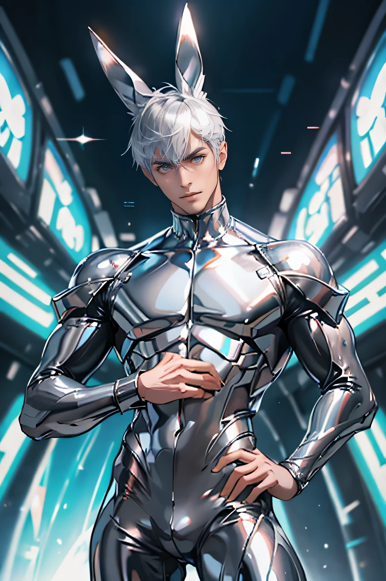 Japanese　　Handsome model　Fierce　　2　male　　smile　　　Black Hair　　Short cut　Short hair　　　looking at the camera　　　　　Shiny full-body silver suit　Mega Bulge　　Shiny silver latex suit　　looking at the camera　future world　 　　planets on the background　　　Upper body close-up　　Bunny ears　Face close-up