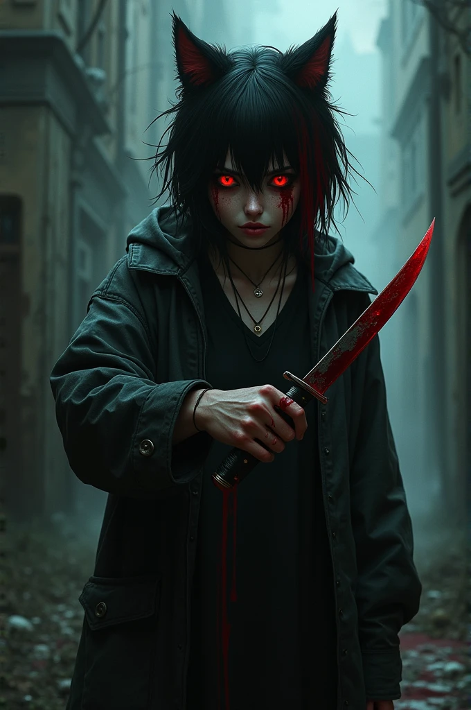 tall, emo,baggy, Wolfgirl with blood, knife in her hand, black/red wolfcut, killer
