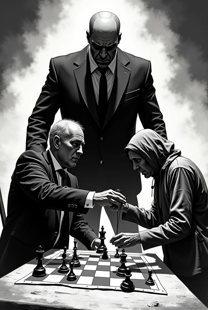 create me an image of two people playing, a person in a suit and a very poor person playing chess, the poor man's hands are being guided by another larger person in a suit, the poor are like a puppet. There are 3 people in the image in total and the image needs to look like a black and white comic book.