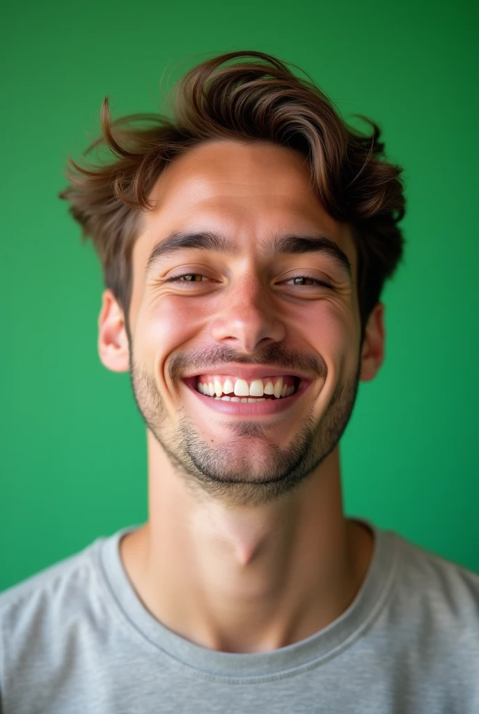 young man with brown hair smiling in front of a green screen


