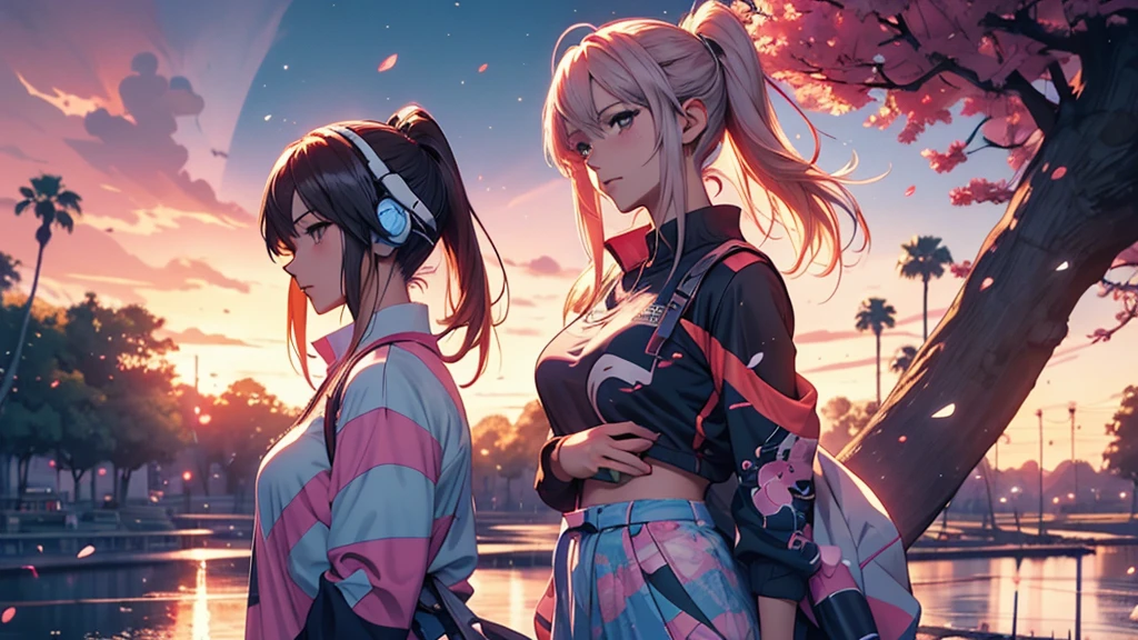 A woman wearing headphones、Anime Style 4 k, anime wallpaper 4k, anime wallpaper 4k, 4k anime wallpaper, anime art wallpaper 4k, anime art wallpaper 4k, Anime Style. 8k, Anime atmosphere, Ultra HD Anime Wallpaper, Anime Art Wallpaper 8K, Anime Background,golf、golf場、golfをしている