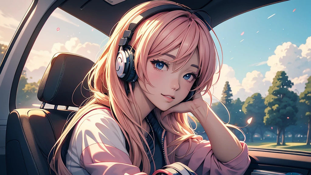 A woman wearing headphones、Anime Style 4 k, anime wallpaper 4k, anime wallpaper 4k, 4k anime wallpaper, anime art wallpaper 4k, anime art wallpaper 4k, Anime Style. 8k, Anime atmosphere, Ultra HD Anime Wallpaper, Anime Art Wallpaper 8K, Anime Background,golf、golf場、golfをしている