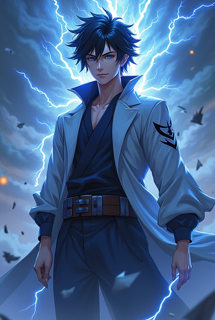 A thunder hashira with black hair and blue eyes but he is a half demon but he is happy 
