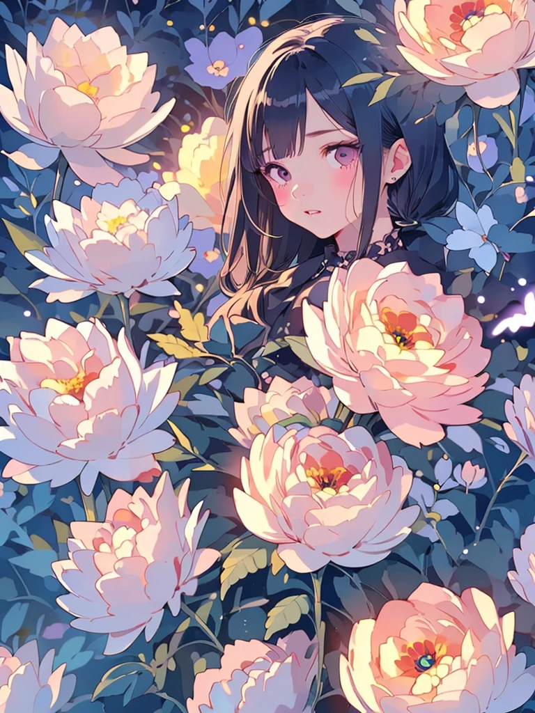 Highest quality、Spooky illustrations、Very detailed、Colorful and bright flowers、Woman with a fragile expression、Detailed eyelashes、Detailed lips、beautiful、Fantasy、ephemeral