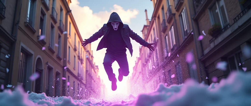 a man jumping between two buildings masked with a hood, he will enter a portal, interdimensional portal, the energy portal has purple edges, sunny summer with clouds, avenue in France, inside the portal there is snow and it is cold, (contrast of environments:1.6) Spark, lensflare, motion-blur, sparks, work of art, uhd, ultra detailed, multiple characters, flying papers, fluidity of movements, broken glass in high detail, portal on the ground, perfect proportions 